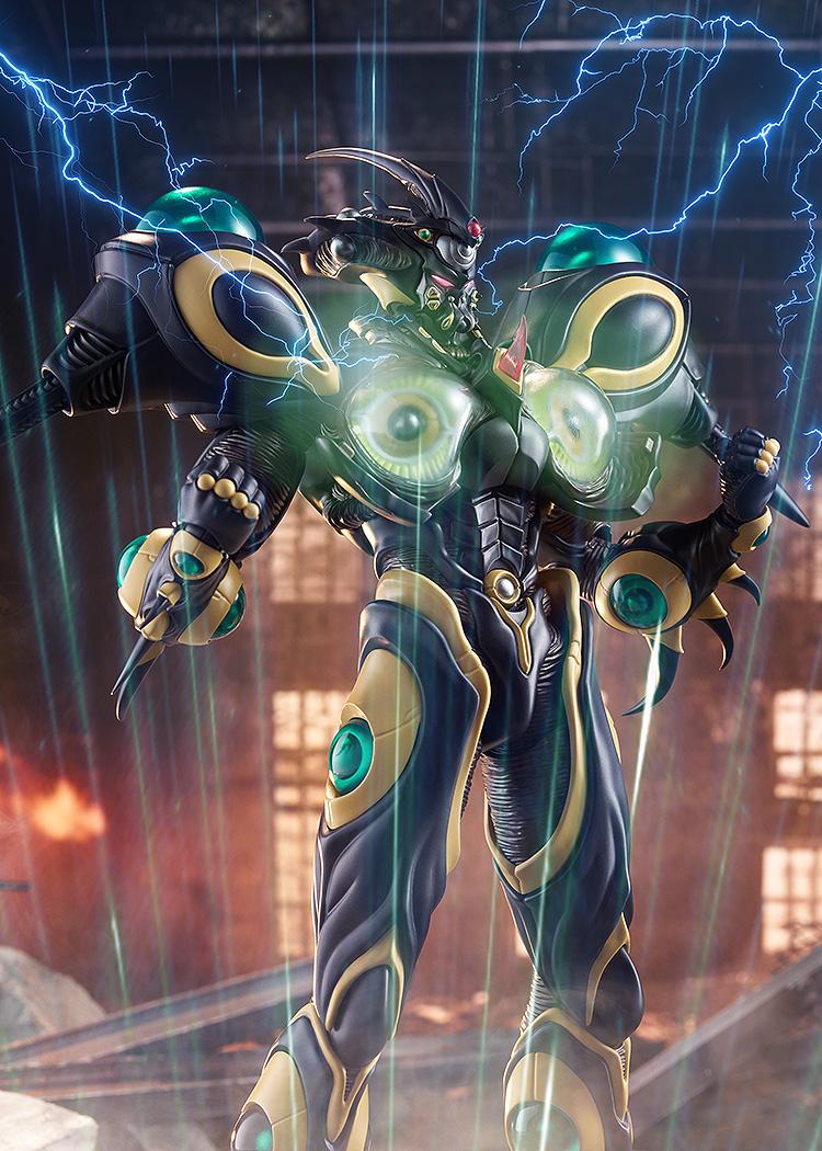 Dramatic cinematic view of the Giga-Smasher being deployed with blue lightning and energy surge visual effects.