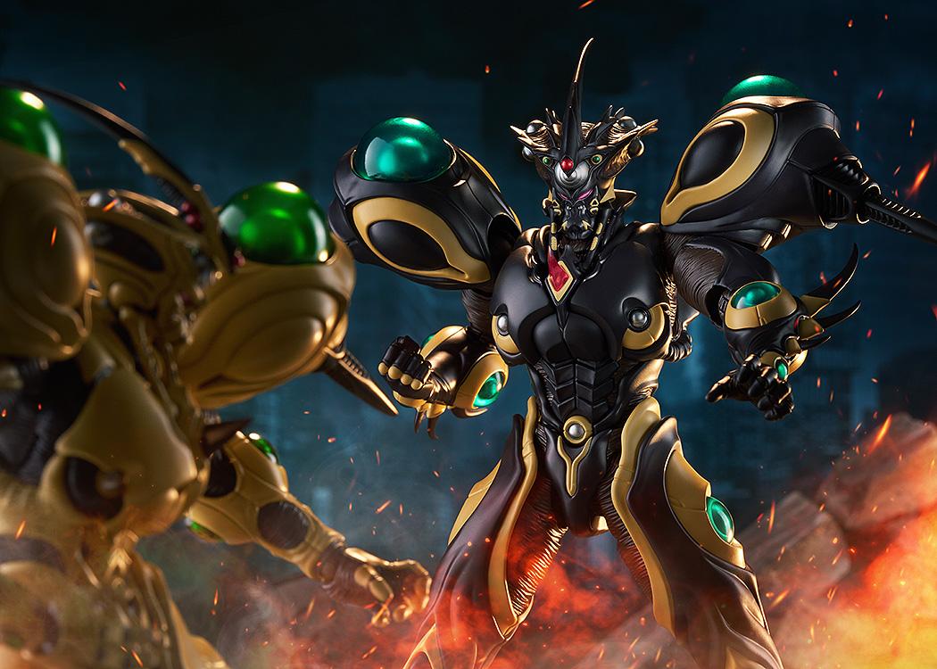 Cinematic confrontation shot between Gigantic Dark and another Bio-Booster Armor unit in a fiery battlefield.