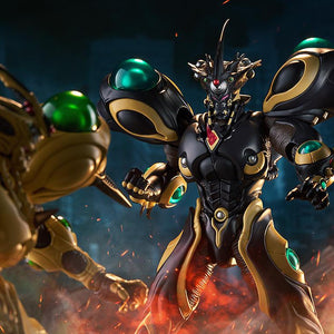 Cinematic confrontation shot between Gigantic Dark and another Bio-Booster Armor unit in a fiery battlefield.