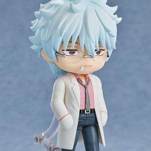 Side profile of the Ginpachi Sakata Nendoroid highlighting the detail of his white lab coat and blue hair.