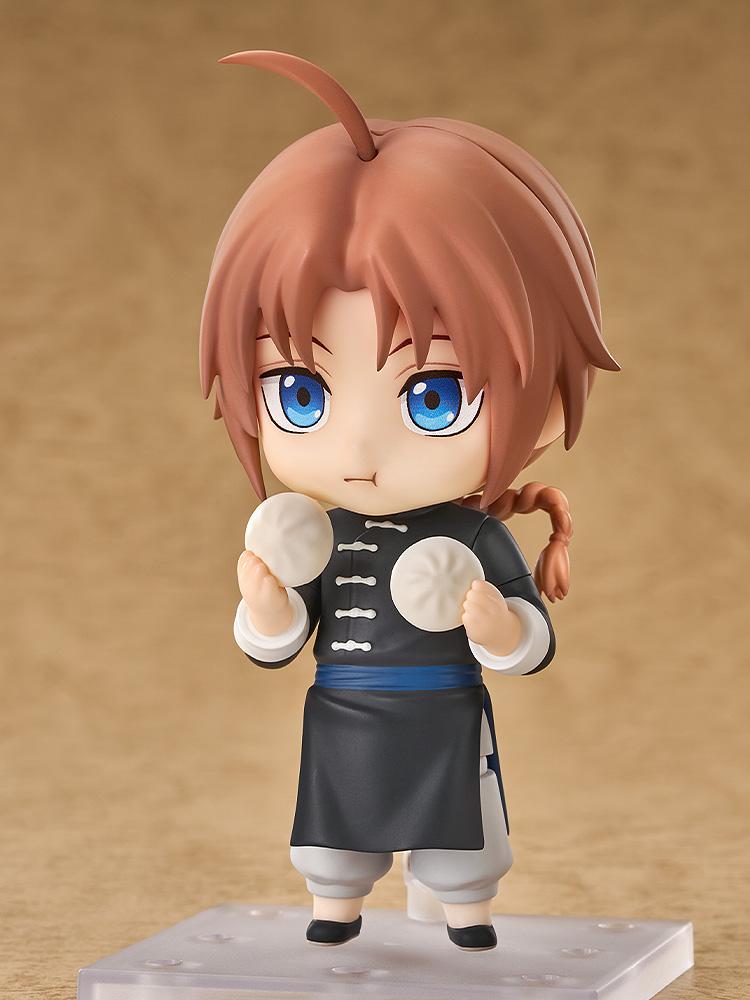 Gintama Kamui Nendoroid action figure with a puffed-cheek munching face plate holding a white manju bun in each hand.