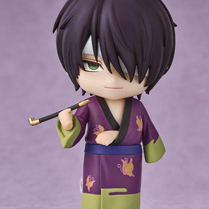Full-body front studio view of the Shinsuke Takasugi Nendoroid figure from Gintama on a transparent display stand with cheerful face plate.