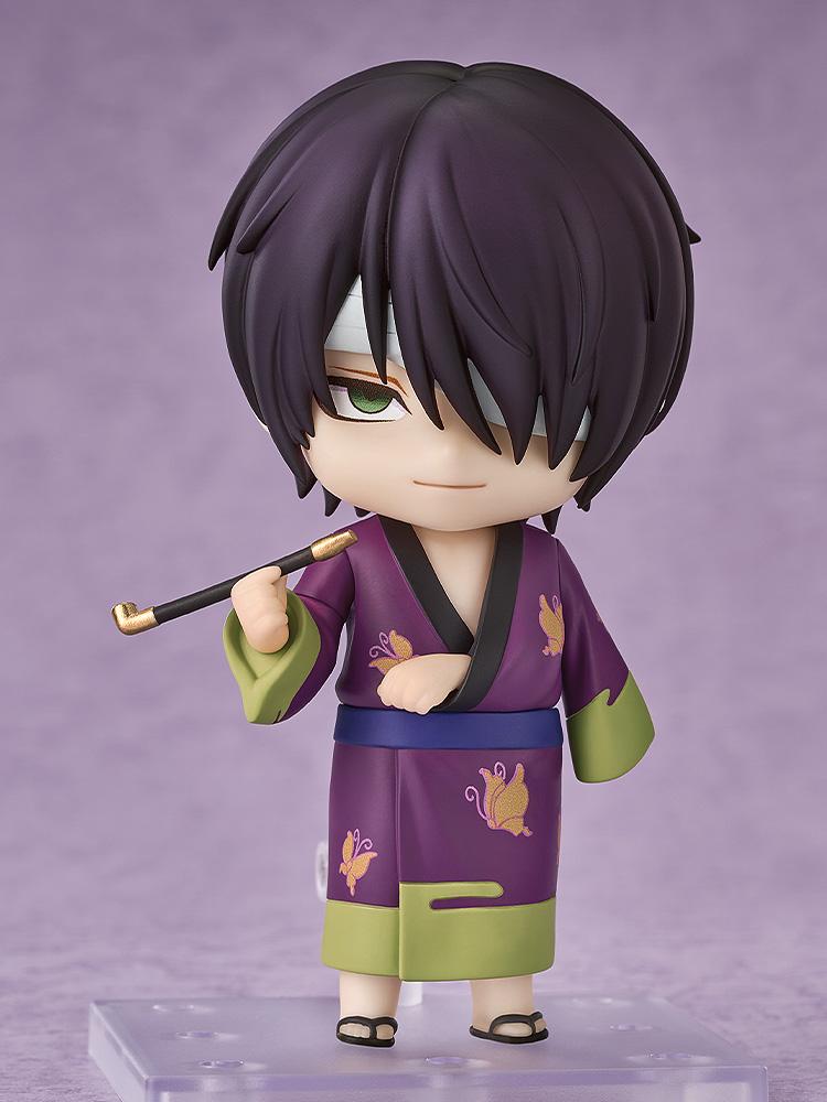 Full-body front studio view of the Shinsuke Takasugi Nendoroid figure from Gintama on a transparent display stand with cheerful face plate.