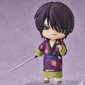 Gintama Shinsuke Takasugi Nendoroid action figure posing with a crazed face plate, holding an unsheathed katana sword and pipe.