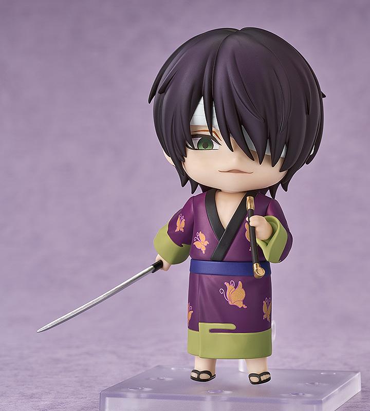 Gintama Shinsuke Takasugi Nendoroid action figure posing with a crazed face plate, holding an unsheathed katana sword and pipe.
