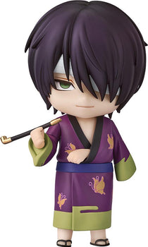 Close-up portrait of the Gintama Shinsuke Takasugi Nendoroid figure holding a traditional pipe, featuring his purple butterfly kimono and eye bandage.