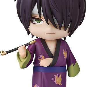 Close-up portrait of the Gintama Shinsuke Takasugi Nendoroid figure holding a traditional pipe, featuring his purple butterfly kimono and eye bandage.