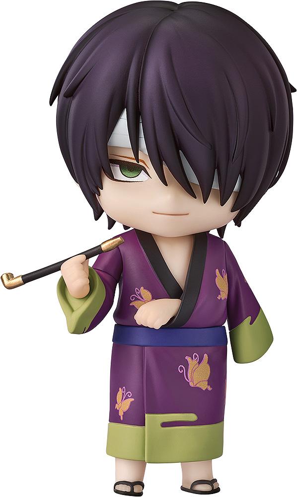 Close-up portrait of the Gintama Shinsuke Takasugi Nendoroid figure holding a traditional pipe, featuring his purple butterfly kimono and eye bandage.