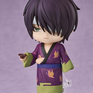 Shinsuke Takasugi Nendoroid figure from Gintama holding a red sake cup accessory with the stoic expression face plate attached.