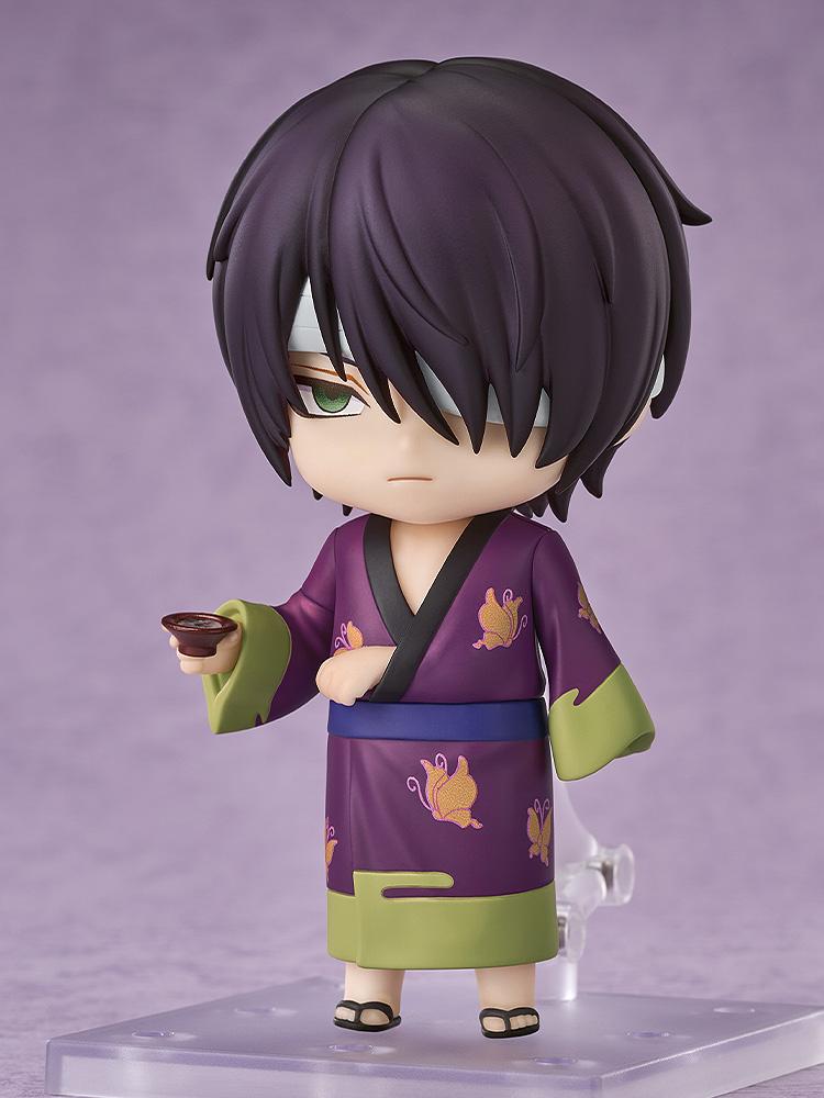 Shinsuke Takasugi Nendoroid figure from Gintama holding a red sake cup accessory with the stoic expression face plate attached.