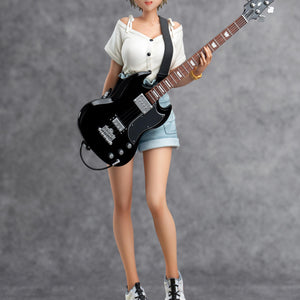 Full front view of Rupa 1/7 scale figure from Girls Band Cry holding a black Gibson style bass guitar.