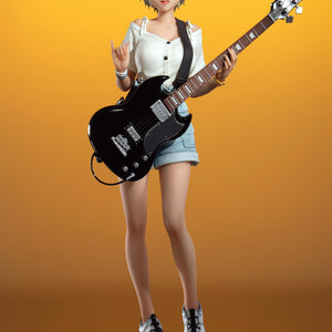 Rupa 1/7 scale figure in a dynamic rock pose with a "horns up" hand gesture against a golden background.