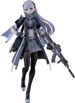 Full-body product studio shot of the Girls' Frontline 2: Exilium Tololo figma action figure with standard face plate, holding her Planeta assault rifle against a crisp white background.
