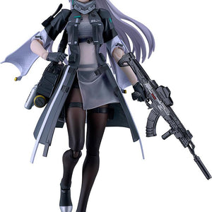Full-body product studio shot of the Girls' Frontline 2: Exilium Tololo figma action figure with standard face plate, holding her Planeta assault rifle against a crisp white background.
