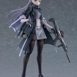 Three-quarter studio portrait of the Tololo figma figure displaying the detailed gray-and-black tactical coat tailoring and thigh-high stockings.