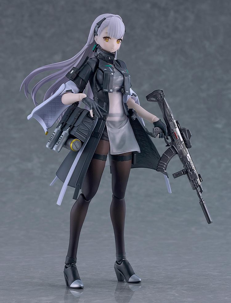 Three-quarter studio portrait of the Tololo figma figure displaying the detailed gray-and-black tactical coat tailoring and thigh-high stockings.