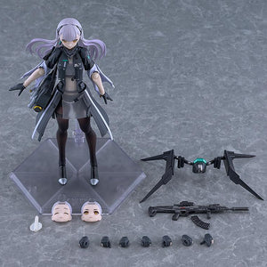 Flat lay product overview displaying all included accessories for the Tololo figma box, including alternate smiling and glaring face plates, interchangeable hands, assault rifle, and drone.