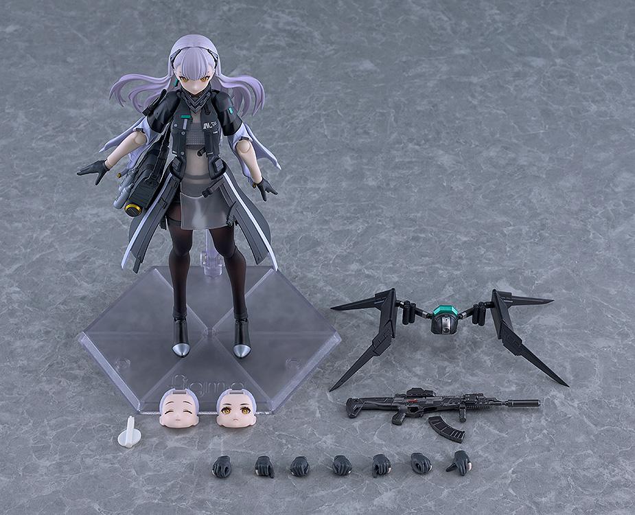 Flat lay product overview displaying all included accessories for the Tololo figma box, including alternate smiling and glaring face plates, interchangeable hands, assault rifle, and drone.