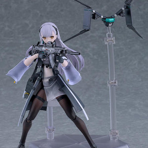 Articulated Tololo figma figure in a wide combat stance aiming her Planeta assault rifle next to her floating tactical recon drone companion on a separate stand.