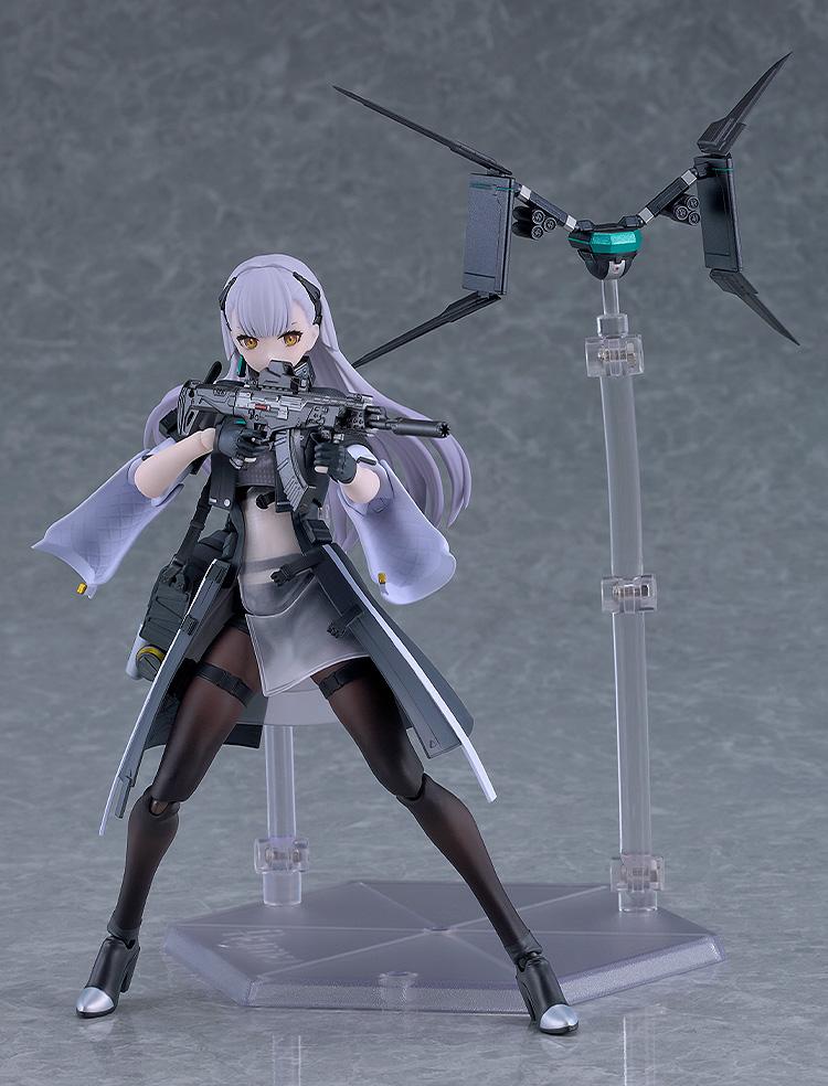 Articulated Tololo figma figure in a wide combat stance aiming her Planeta assault rifle next to her floating tactical recon drone companion on a separate stand.