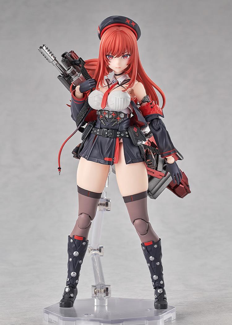 Studio portrait of Rapi: Red Hood Hyper Body figure on a clear display stand.