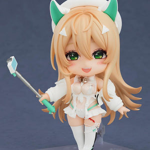 Full shot of the Rupee Winter Shopper Nendoroid on its clear display stand with her signature white winter outfit.