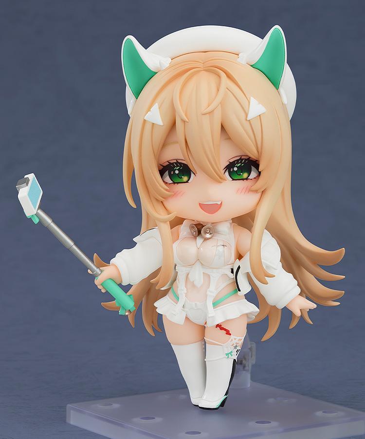 Full shot of the Rupee Winter Shopper Nendoroid on its clear display stand with her signature white winter outfit.