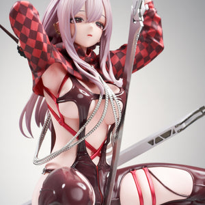 Close-up of the Scarlet figure's chest and torso, emphasizing the intricate straps and glossy finish of her Racer's High outfit.