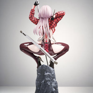 Back view of the Scarlet Racer's High figure detailing the back lacing of her bodysuit and her long pink hair.