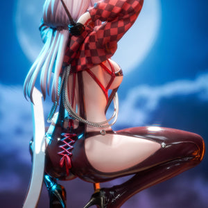Close-up back view of the Goddess of Victory: Nikke Scarlet figure, highlighting the glossy red texture of her suit under nighttime lighting.