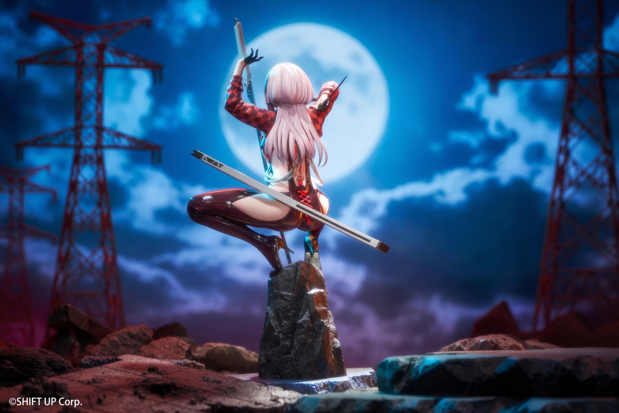 Full back view of the 1/10 scale Scarlet figure with a dramatic full moon and red transmission towers in the background.