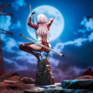 Full back view of the 1/10 scale Scarlet figure with a dramatic full moon and red transmission towers in the background.