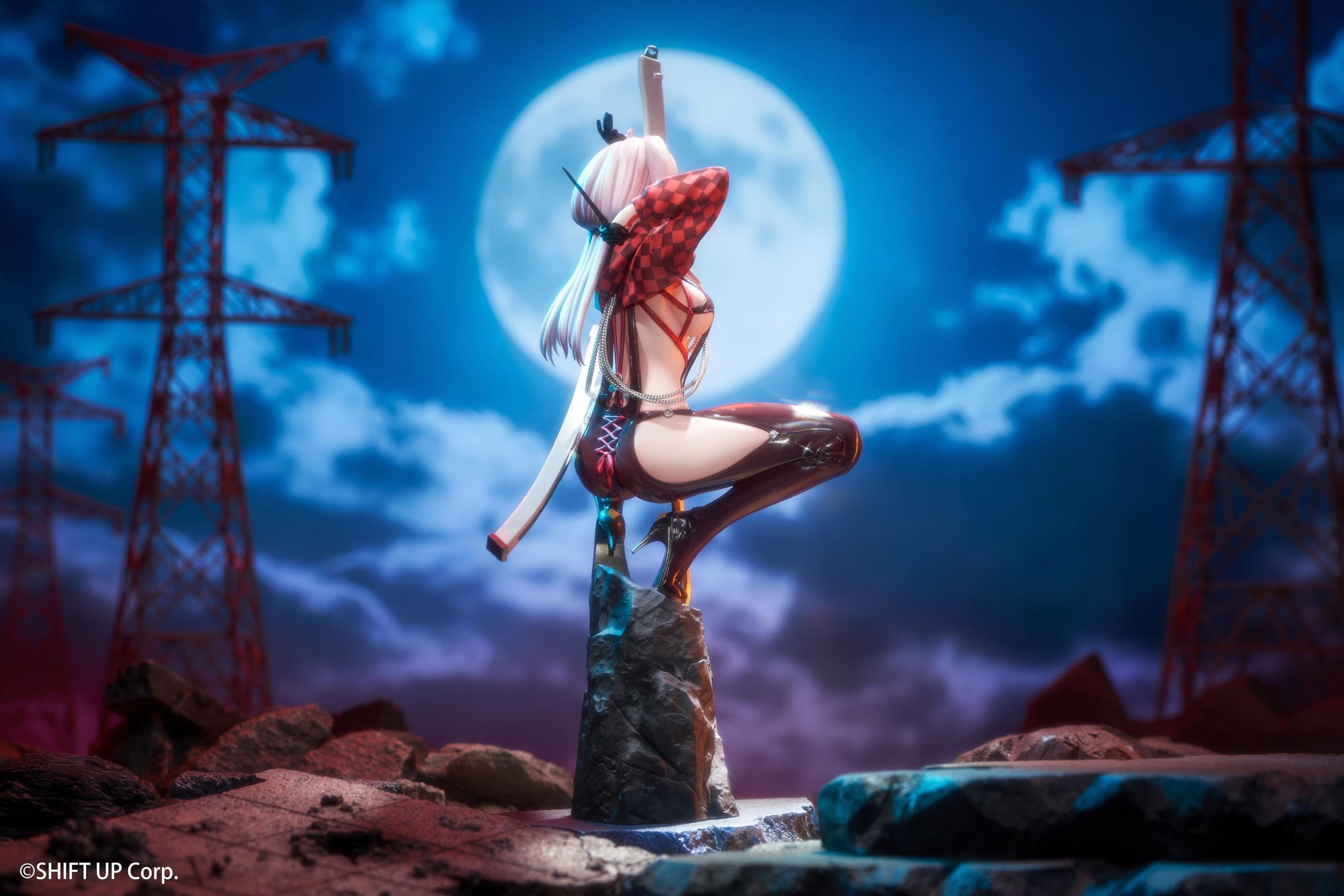 Left profile view of the Goddess of Victory: Nikke Scarlet figure, illuminated by a cinematic nighttime moon backdrop.