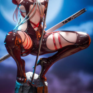 Close-up of the Scarlet figure's legs and boots, highlighted by dramatic blue and red lighting against a nighttime backdrop.