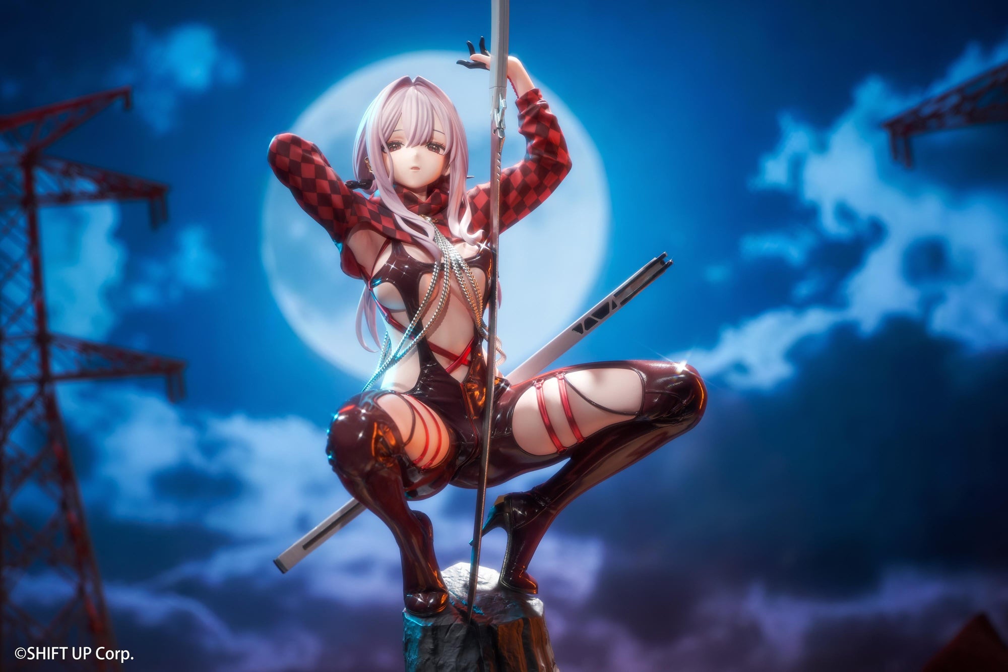 Low angle front view of the Hobby Sakura Scarlet figure against a moonlit sky, emphasizing the highly detailed finish of her racing outfit.