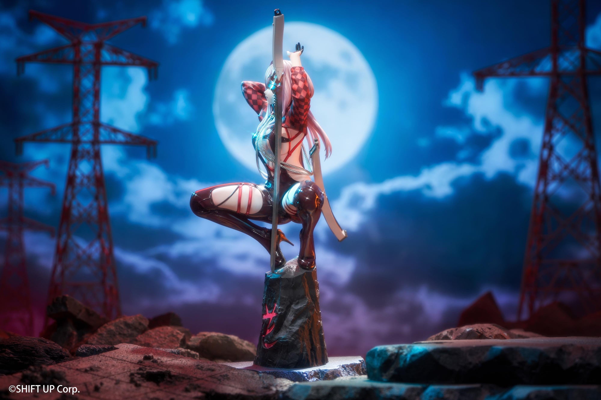 Right profile view of the Scarlet Racer's High figure crouching on her rock base with atmospheric nighttime lighting.