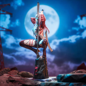 Right profile view of the Scarlet Racer's High figure crouching on her rock base with atmospheric nighttime lighting.