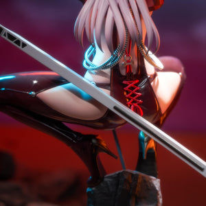 Close-up of the silver sword scabbard and the lower back details of the Scarlet Racer's High 1/10 scale figure with a moody, dark background.