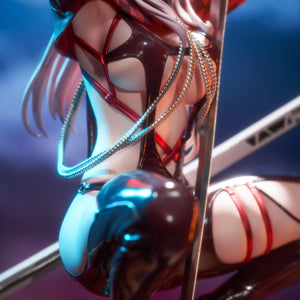 Close-up right-angle view of the Scarlet Racer's High figure torso, showing the intricate cutouts and chains under cinematic lighting.