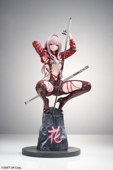 Full front view of the Goddess of Victory: Nikke Scarlet (Racer's High) 1/10 scale figure crouching on a rock base with a sword against a light studio background.