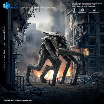 Hiya Toys Godzilla: King of the Monsters Exquisite Basic Series MUTO action figure stalking through destroyed city ruins with glowing red eyes.