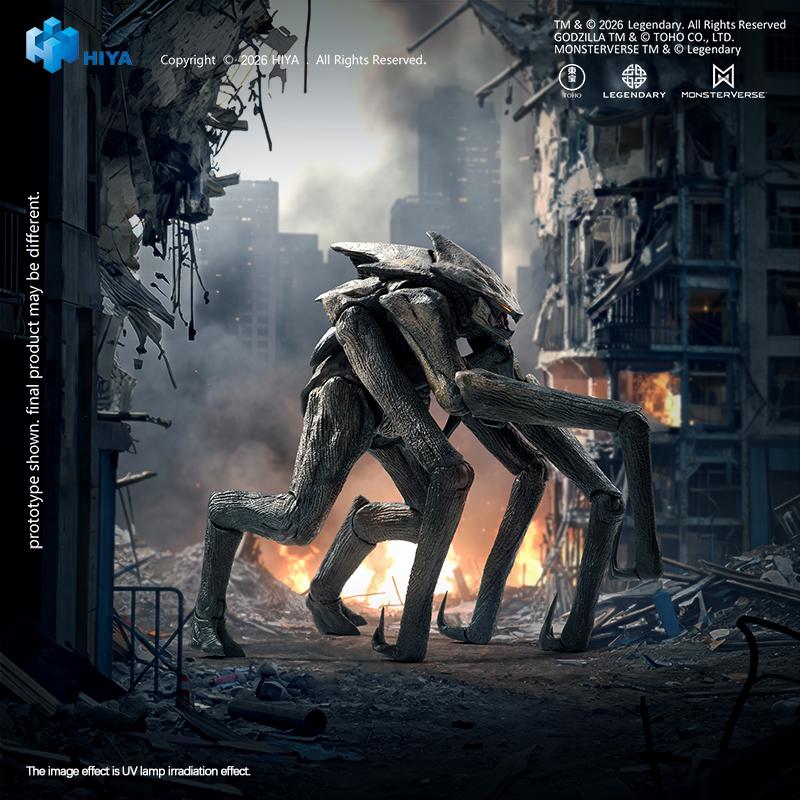 Hiya Toys Godzilla: King of the Monsters Exquisite Basic Series MUTO action figure stalking through destroyed city ruins with glowing red eyes.