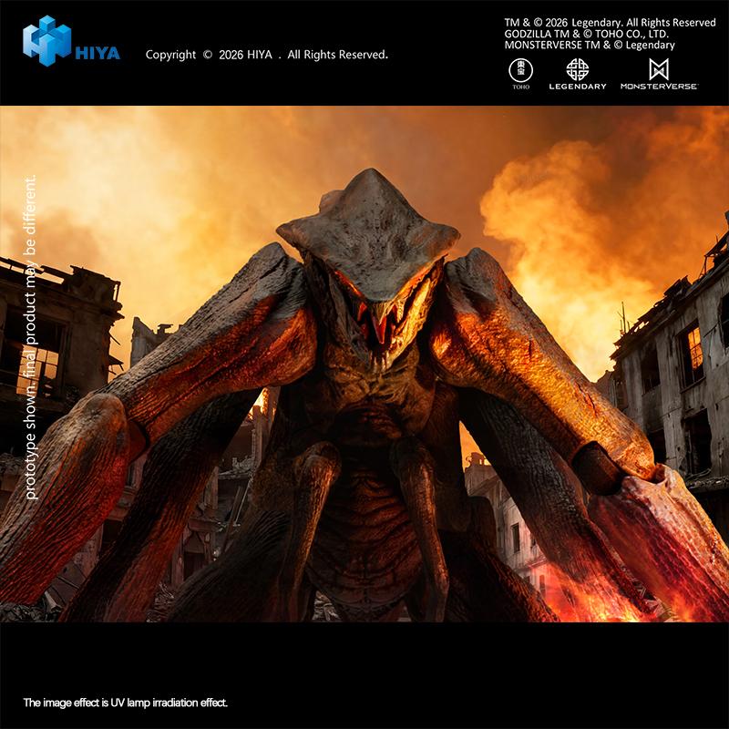 Dramatic front close-up view of the MUTO Titan figure roaring with illuminated red eyes amidst blazing city ruins.