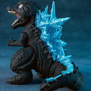 Rear side view of the Godzilla Minus One Nendoroid highlighting the vivid translucent blue heat energy dorsal spikes running down its spine.