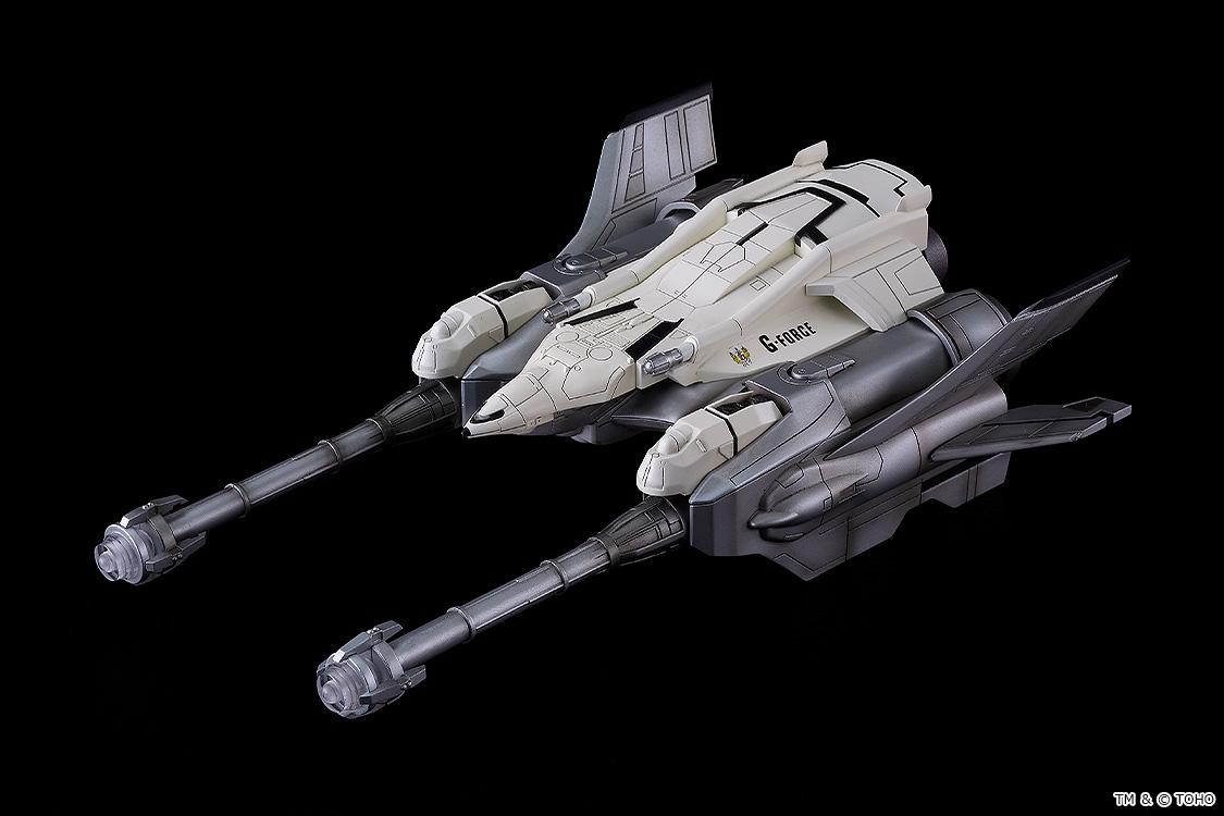 Top perspective of the separate Moderoid Garuda warship model featuring extended twin high-power maser beam cannons.