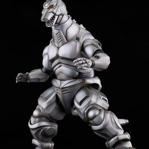 Dynamic combat battle stance of the 7.87-inch Moderoid Mechagodzilla model kit demonstrating leg and arm articulation.