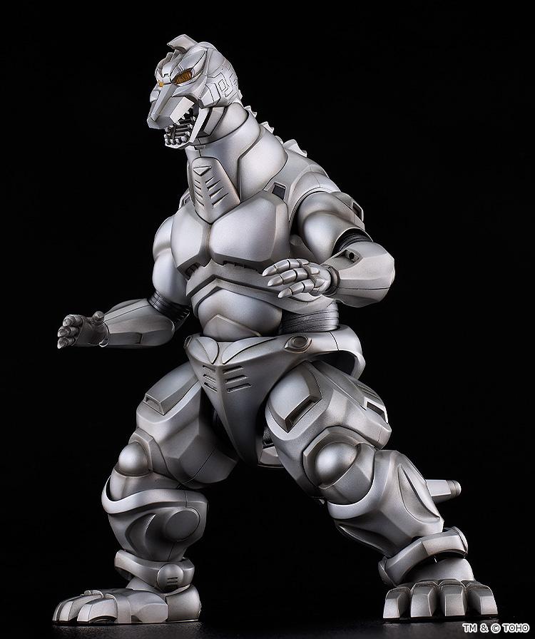 Dynamic combat battle stance of the 7.87-inch Moderoid Mechagodzilla model kit demonstrating leg and arm articulation.