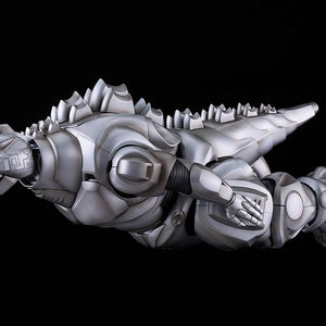 Moderoid Mechagodzilla model kit displayed horizontally in high-speed flight mode using interchangeable neck parts.