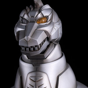 Close-up view of the Moderoid Mechagodzilla head sculpt highlighting mechanical armor panels and yellow eye detailing.