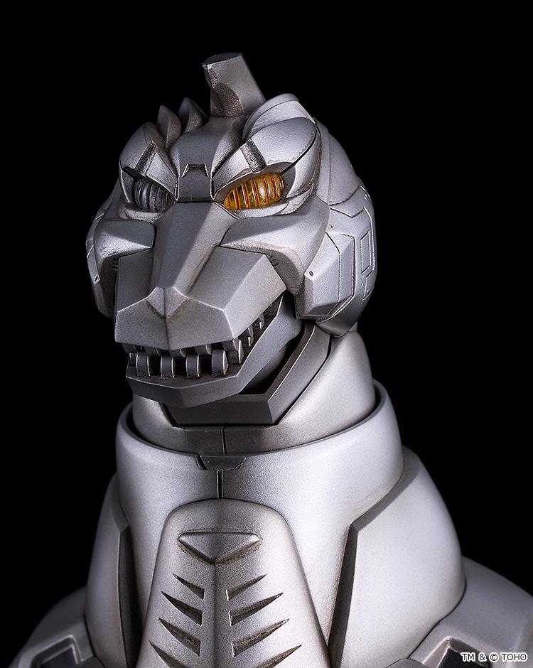 Close-up view of the Moderoid Mechagodzilla head sculpt highlighting mechanical armor panels and yellow eye detailing.